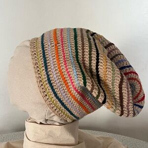 Multicolor Striped Crochet Beanie Tam